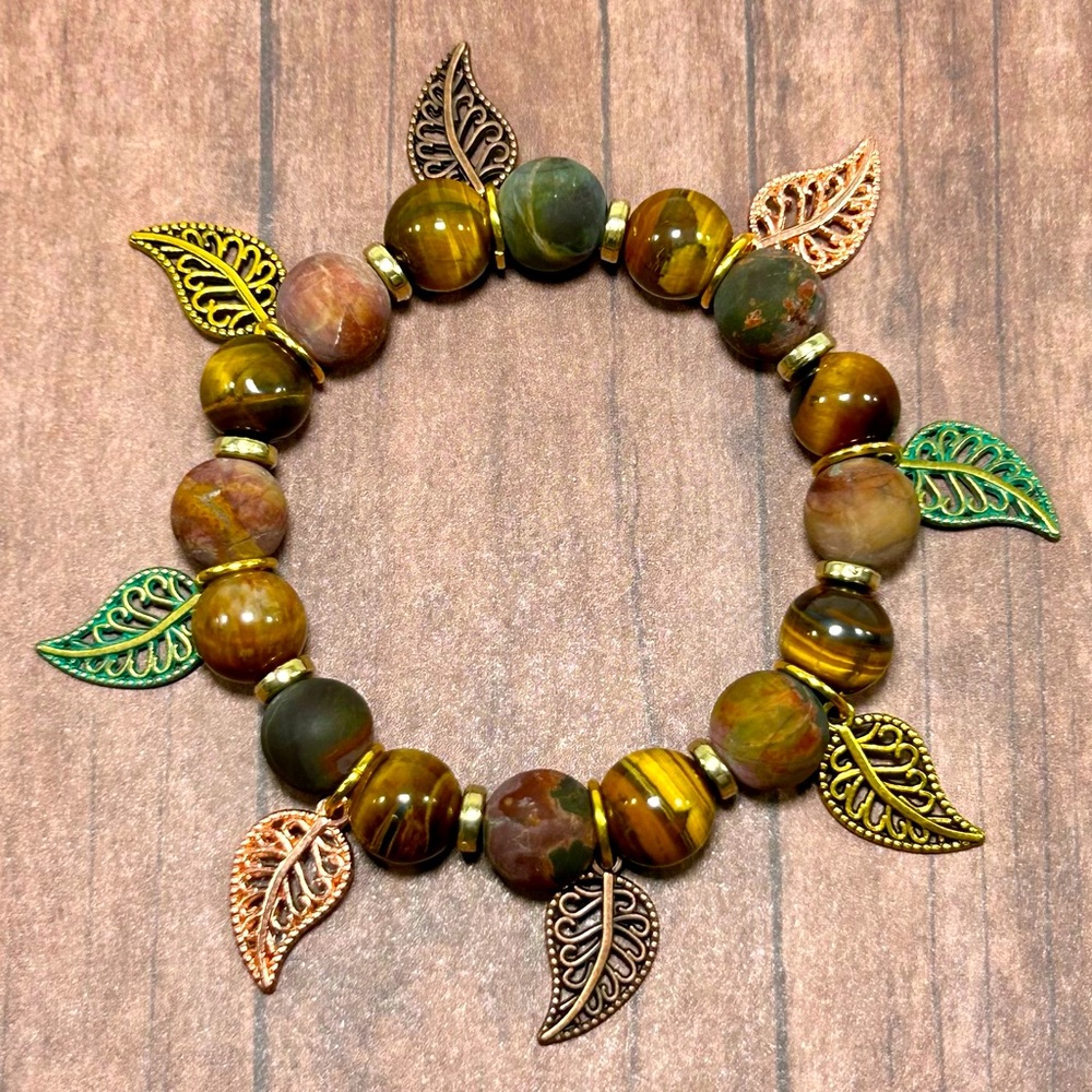 Handmade Fall Leaf Charm Bracelet Featuring Natural Tiger Eye Gemstones!